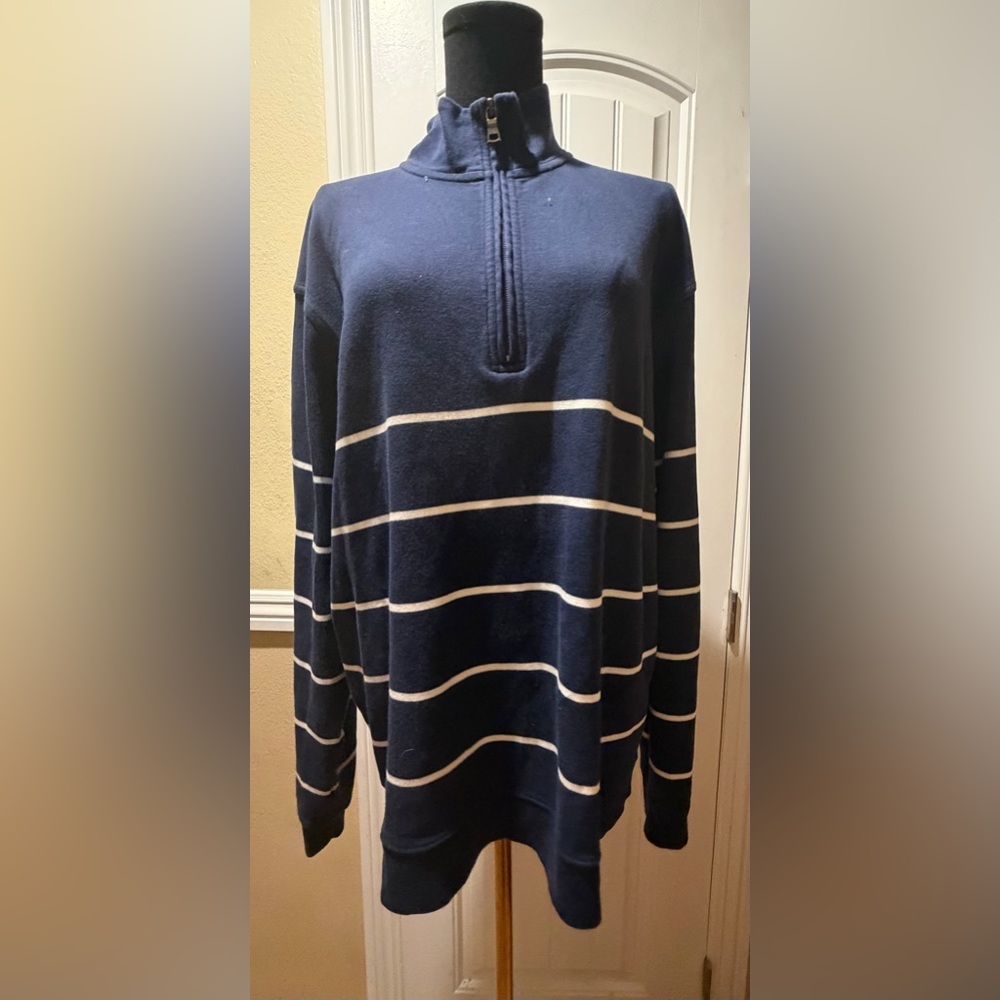 Brooks Brothers Navy and White Striped Zip-Up Sweater
